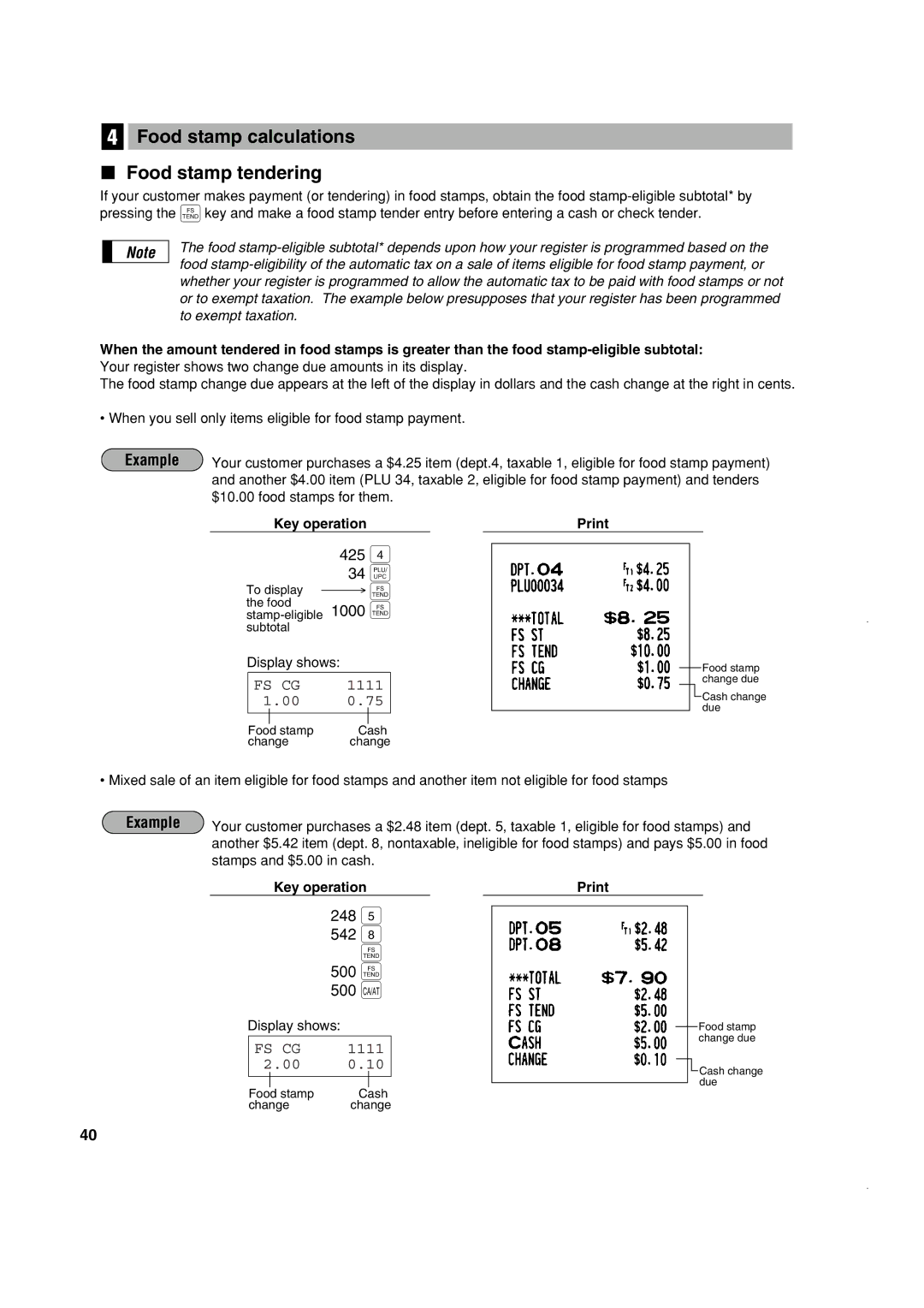 Sony ER-A420, ER-A410 instruction manual Food stamp calculations Food stamp tendering, 425, 1000 f, 248 542 500 f 500 a 