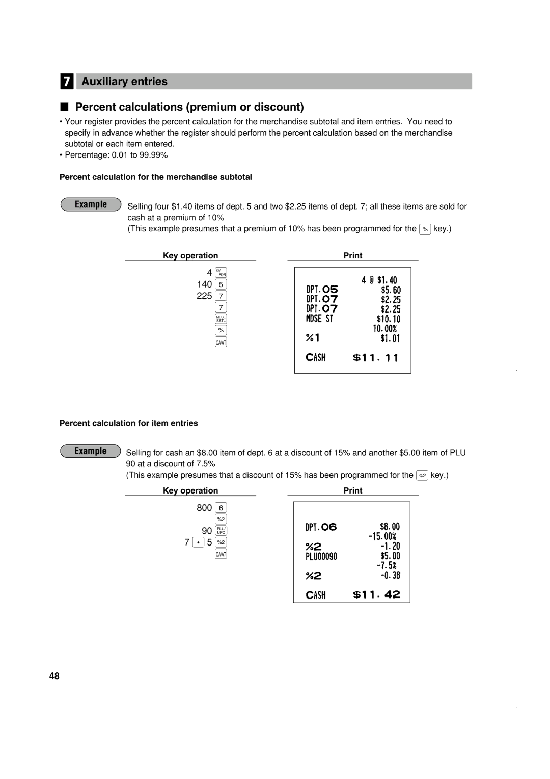 Sony ER-A420, ER-A410 instruction manual 140 225, 800, § a, Auxiliary entries Percent calculations premium or discount 