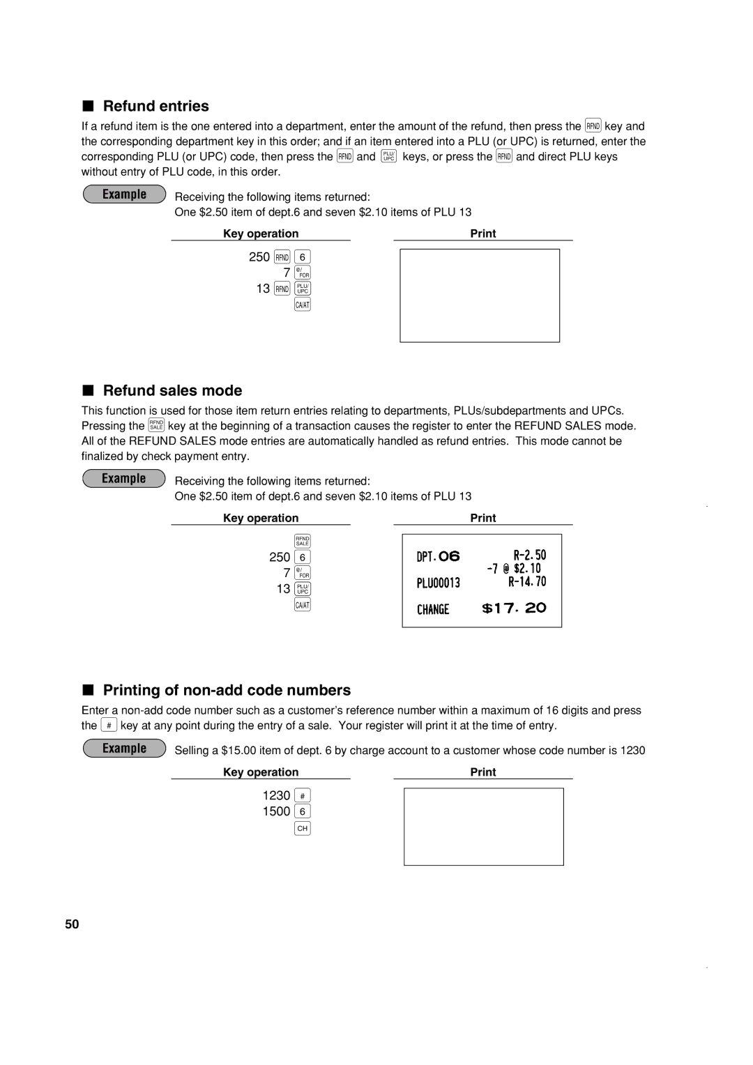 Sony ER-A420, ER-A410 instruction manual 250 Ï, Refund entries, Refund sales mode, Printing of non-add code numbers 