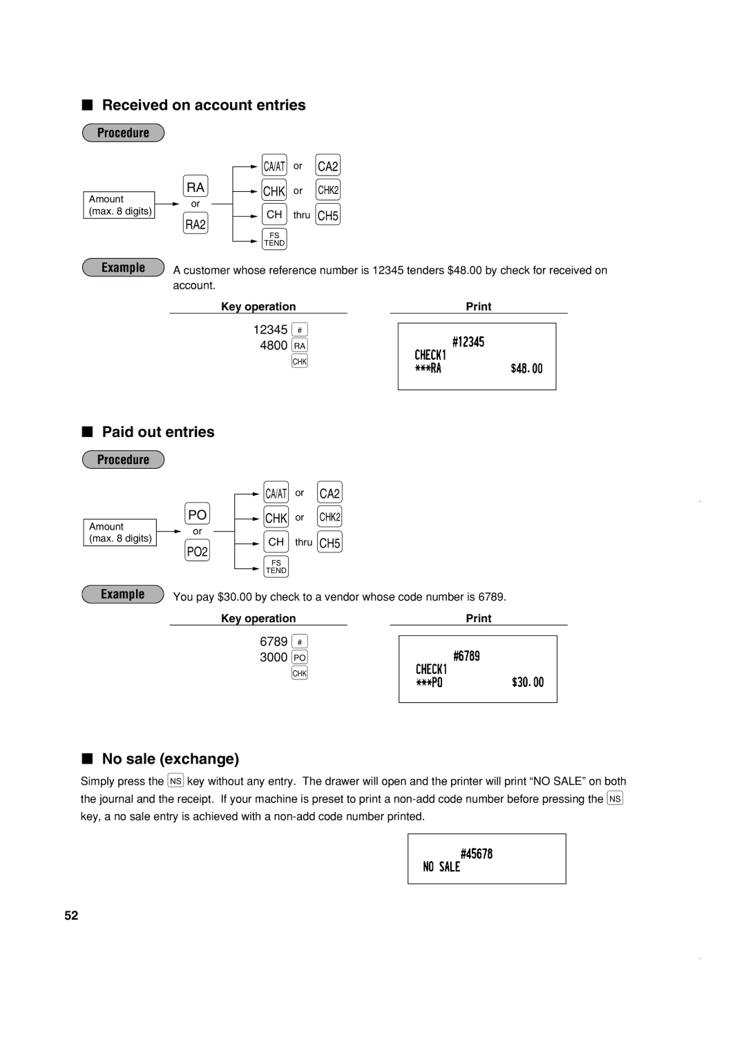 Sony ER-A420, ER-A410 Received on account entries, Paid out entries, No sale exchange, 12345 = 4800 r, 6789 = 3000 p 