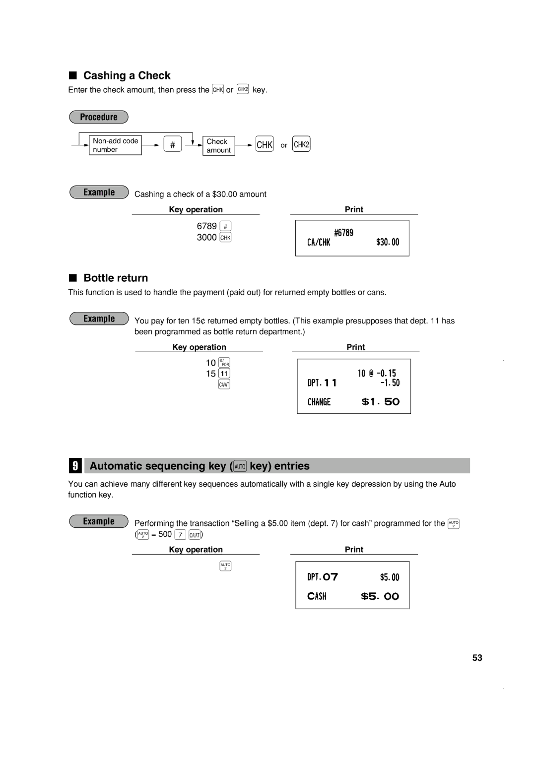 Sony ER-A410, ER-A420 10 @, Cashing a Check, Bottle return, Automatic sequencing key ` key entries, 6789 = 3000 k 