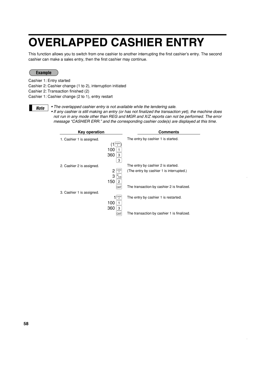 Sony ER-A420, ER-A410 instruction manual Overlapped Cashier Entry, ‹ 100 1 360, 150, 100 360, Key operation Comments 