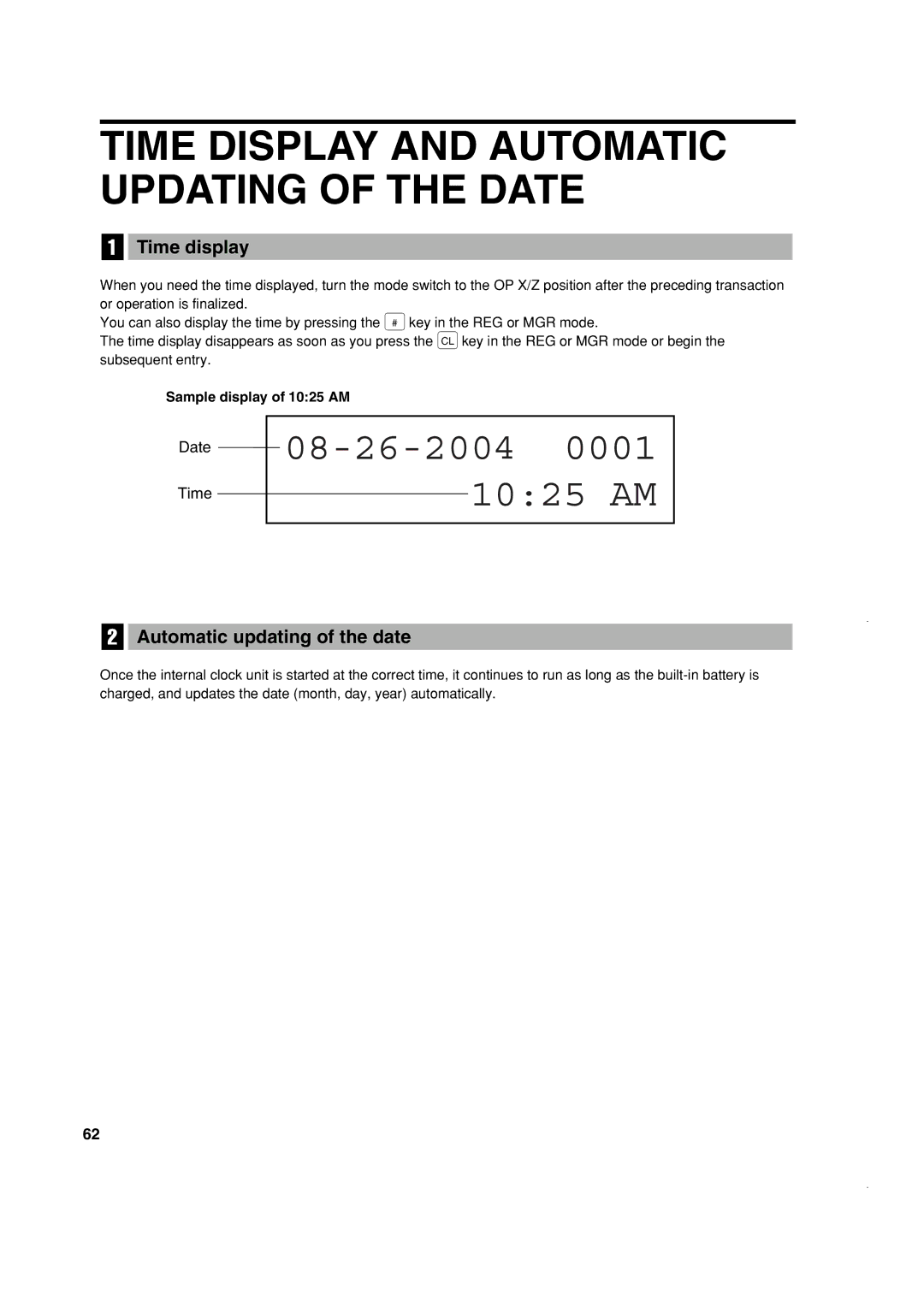 Sony ER-A420 Time Display and Automatic Updating of the Date, Time display, Automatic updating of the date, Date Time 