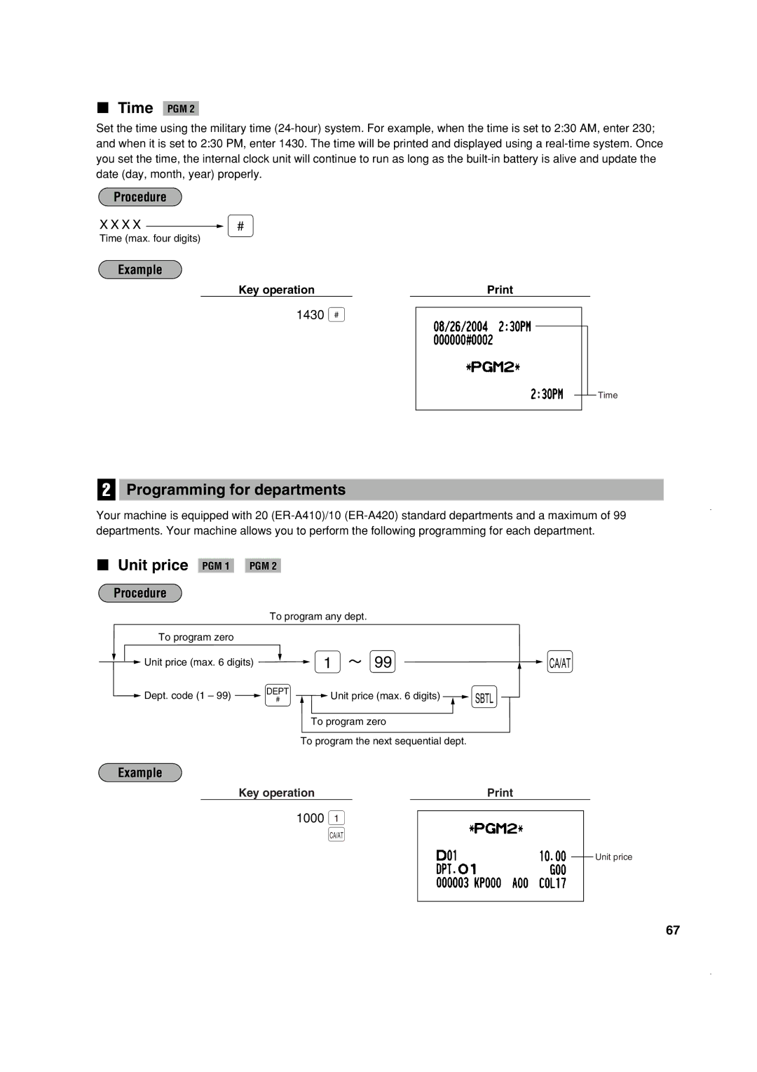 Sony ER-A410, ER-A420 instruction manual Time PGM, Programming for departments, Unit price 