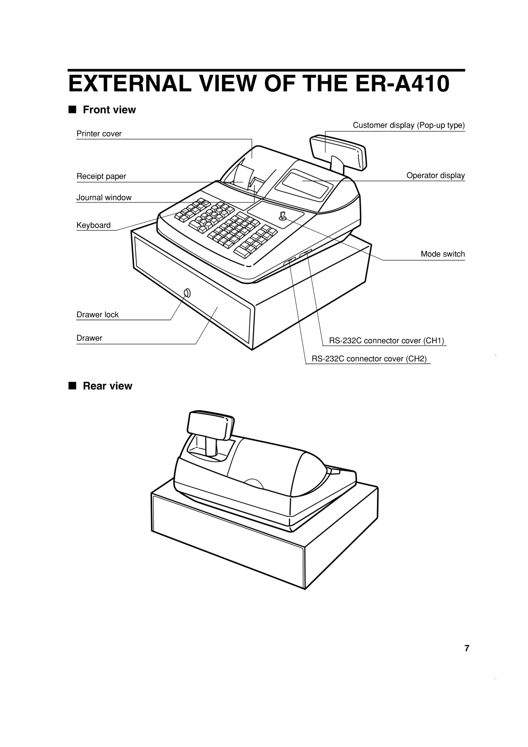 Sony ER-A420 instruction manual External View of the ER-A410, Front view, Rear view 