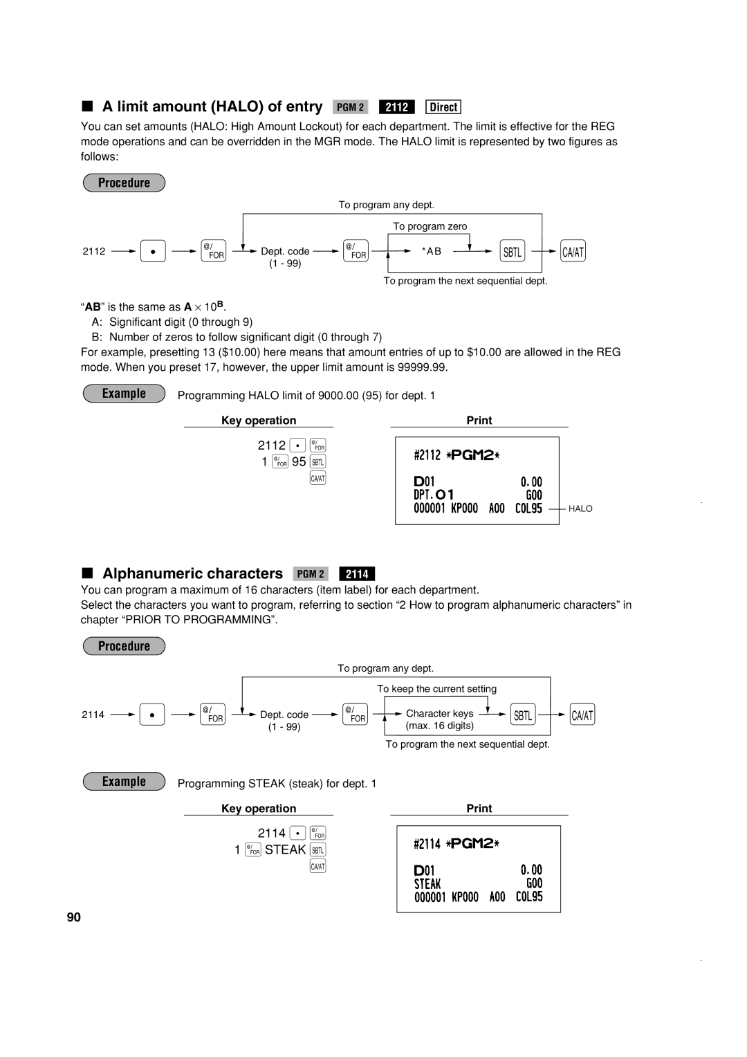 Sony ER-A420, ER-A410 Limit amount Halo of entry PGM 2, Alphanumeric characters PGM 2, 2112 . @ @ 95 t, 2114 . @ @ Steak t 