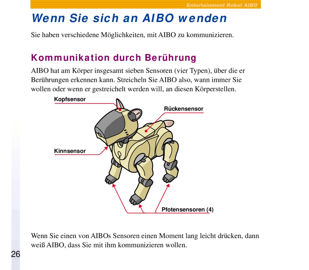 Sony ERF-210AW01 manual Wenn Sie sich an Aibo wenden, Kommunikation durch Berührung 