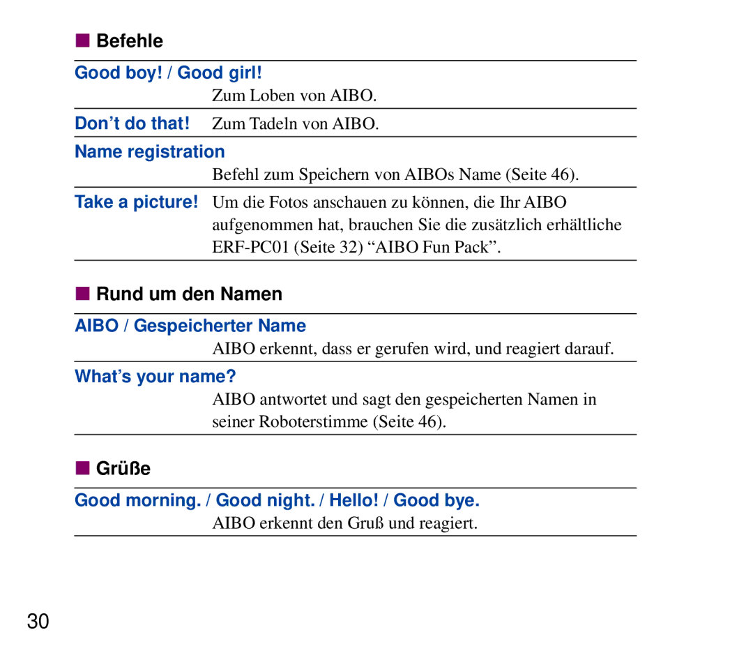 Sony ERF-210AW01 manual Befehle, Rund um den Namen, Grüß e 
