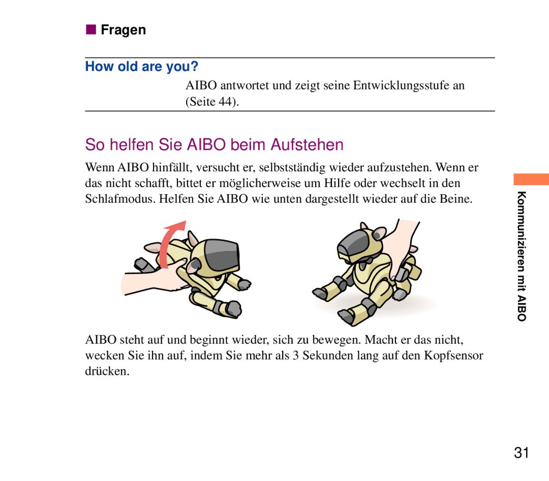 Sony ERF-210AW01 manual So helfen Sie Aibo beim Aufstehen, Fragen 