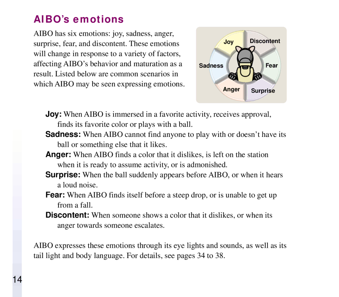 Sony ERF-210AW01 manual AIBO’s emotions 