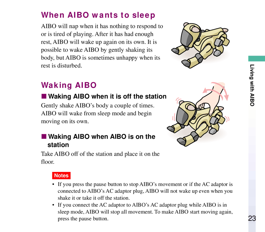 Sony ERF-210AW01 manual When Aibo wants to sleep, Waking Aibo when it is off the station 