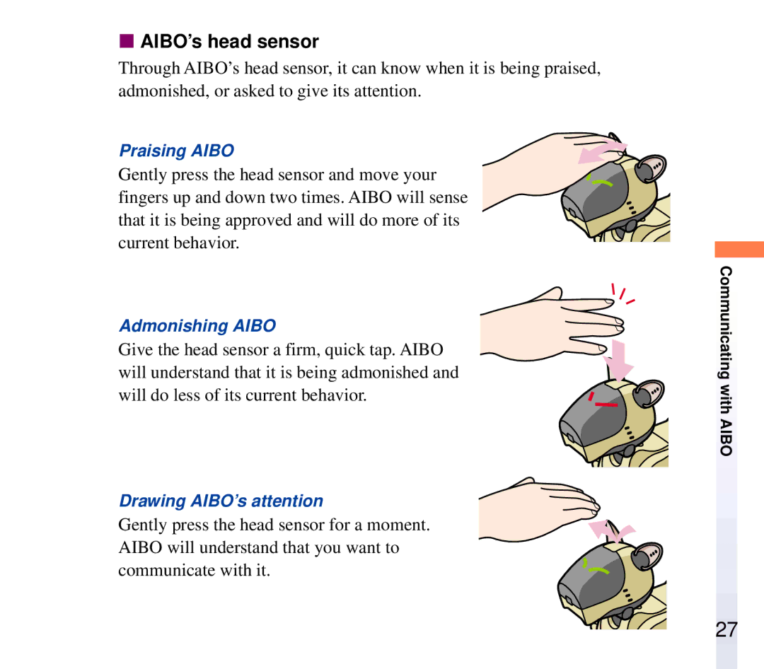 Sony ERF-210AW01 manual AIBO’s head sensor 