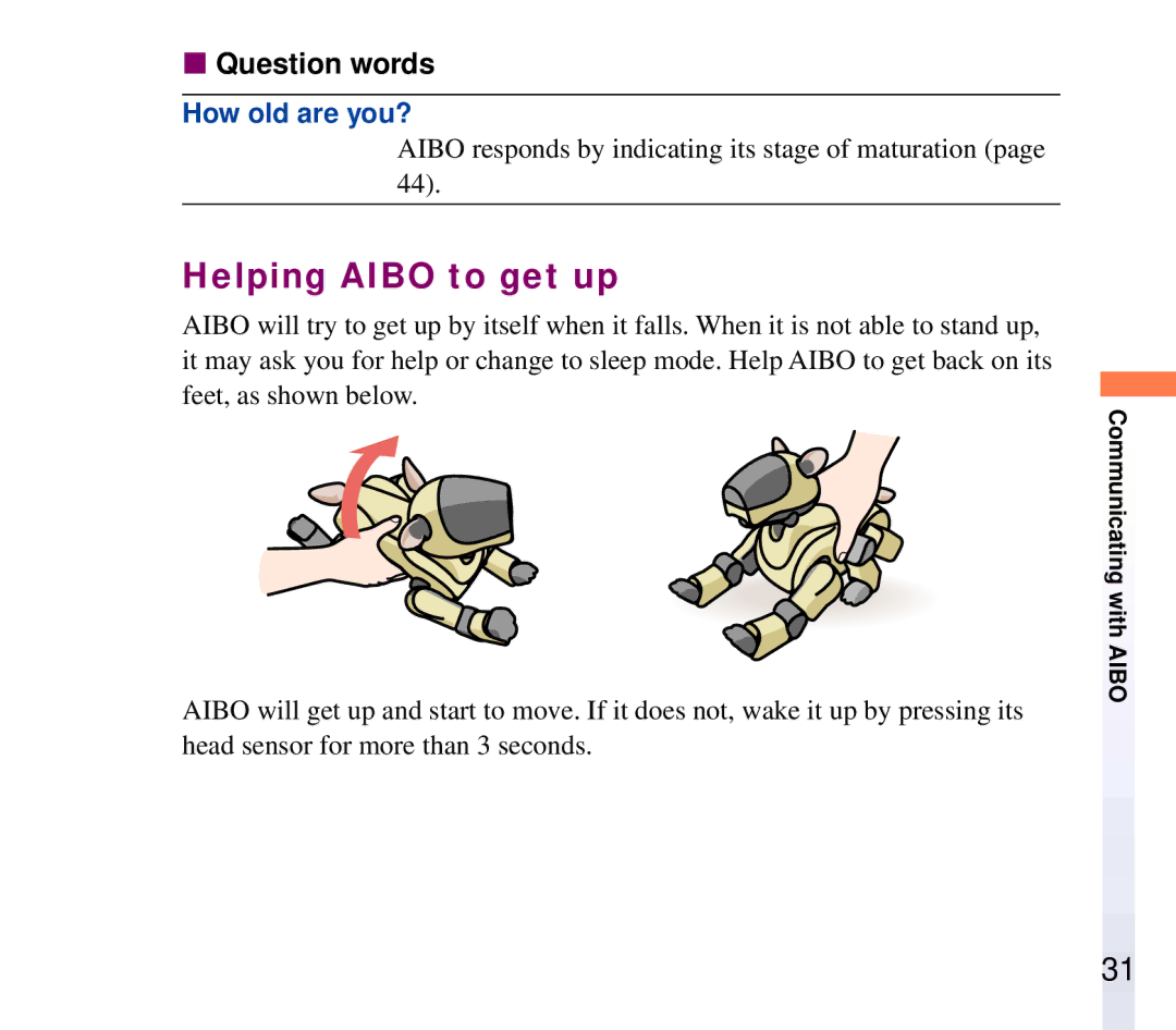 Sony ERF-210AW01 manual Helping Aibo to get up, Question words 