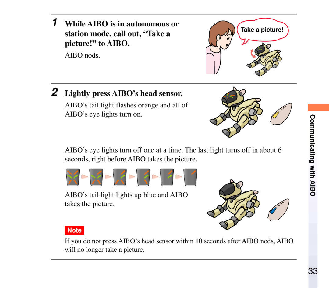 Sony ERF-210AW01 manual Lightly press AIBO’s head sensor 