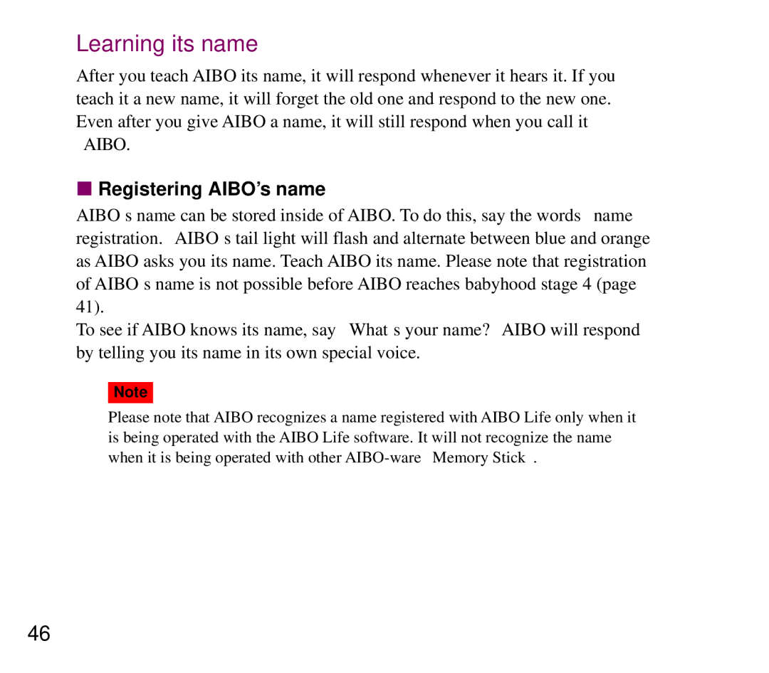 Sony ERF-210AW01 manual Learning its name, Registering AIBO’s name 