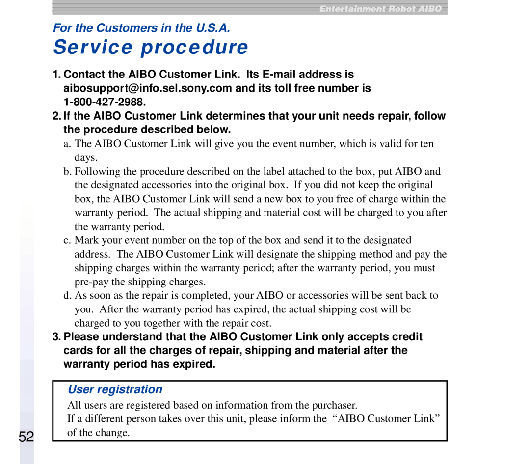 Sony ERF-210AW01 manual Service procedure, User registration 