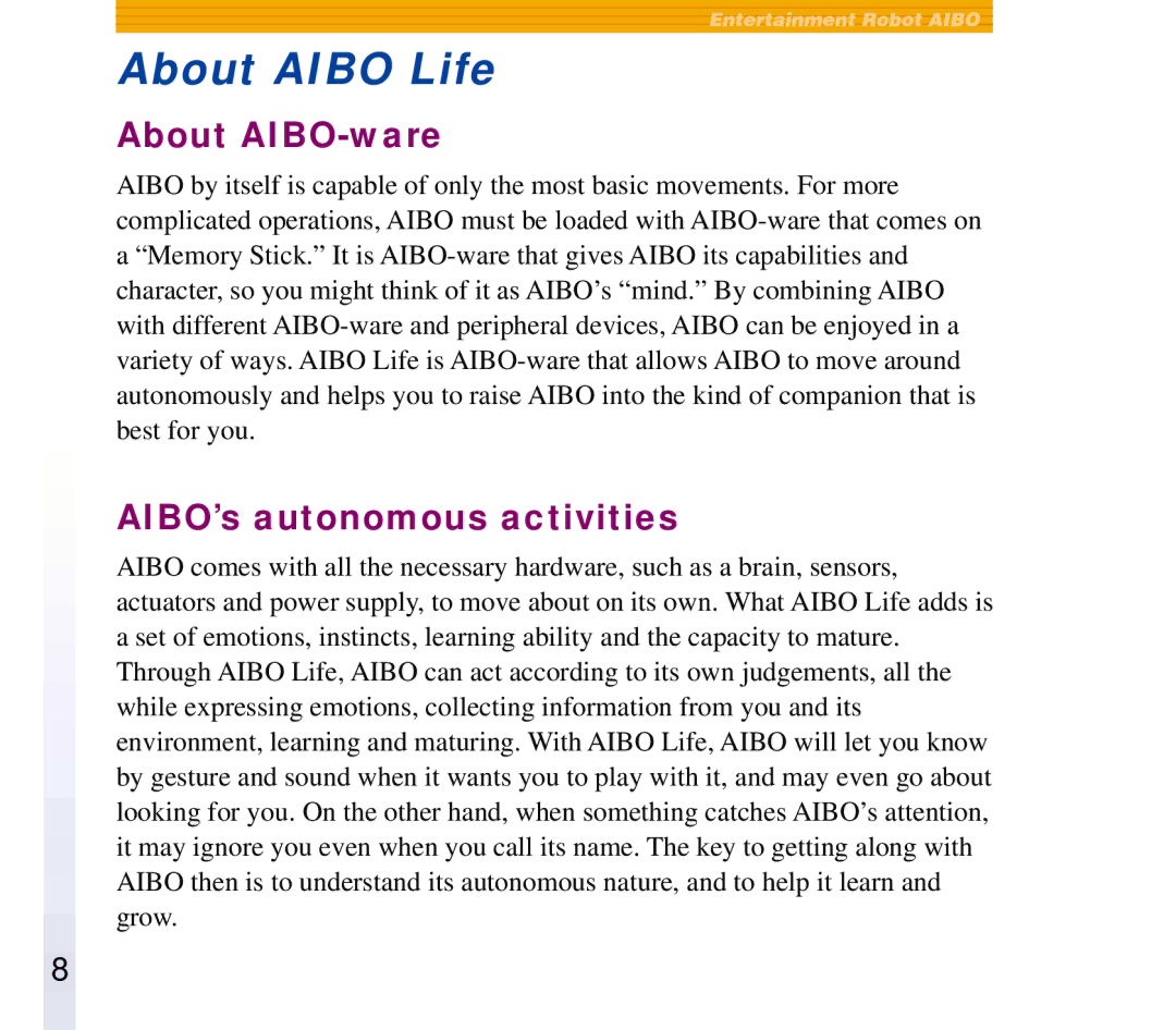 Sony ERF-210AW01 manual About Aibo Life, About AIBO-ware, AIBO’s autonomous activities 