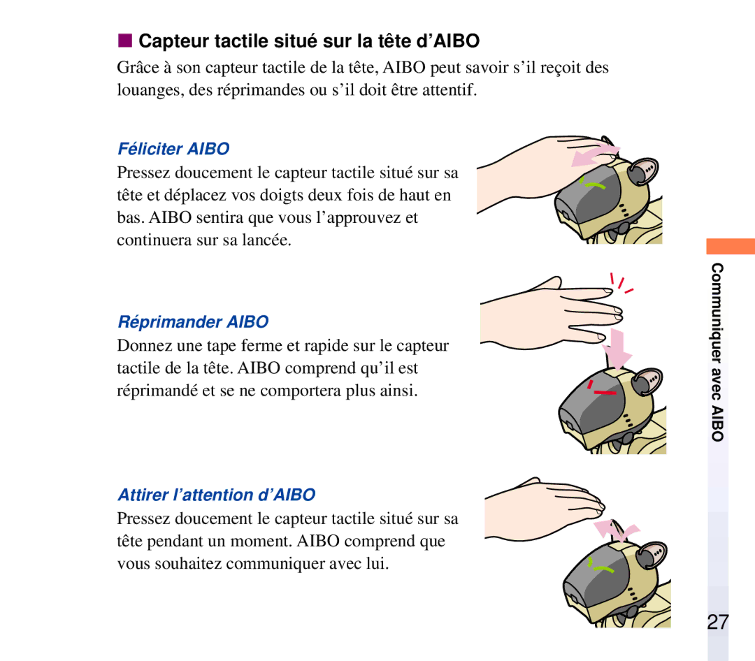 Sony ERF-210AW01 manual Capteur tactile situé sur la tê te d’AIBO, Ré primander Aibo 