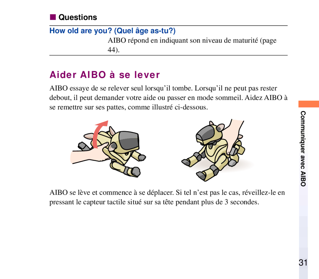 Sony ERF-210AW01 manual Aider Aibo à se lever, Questions 