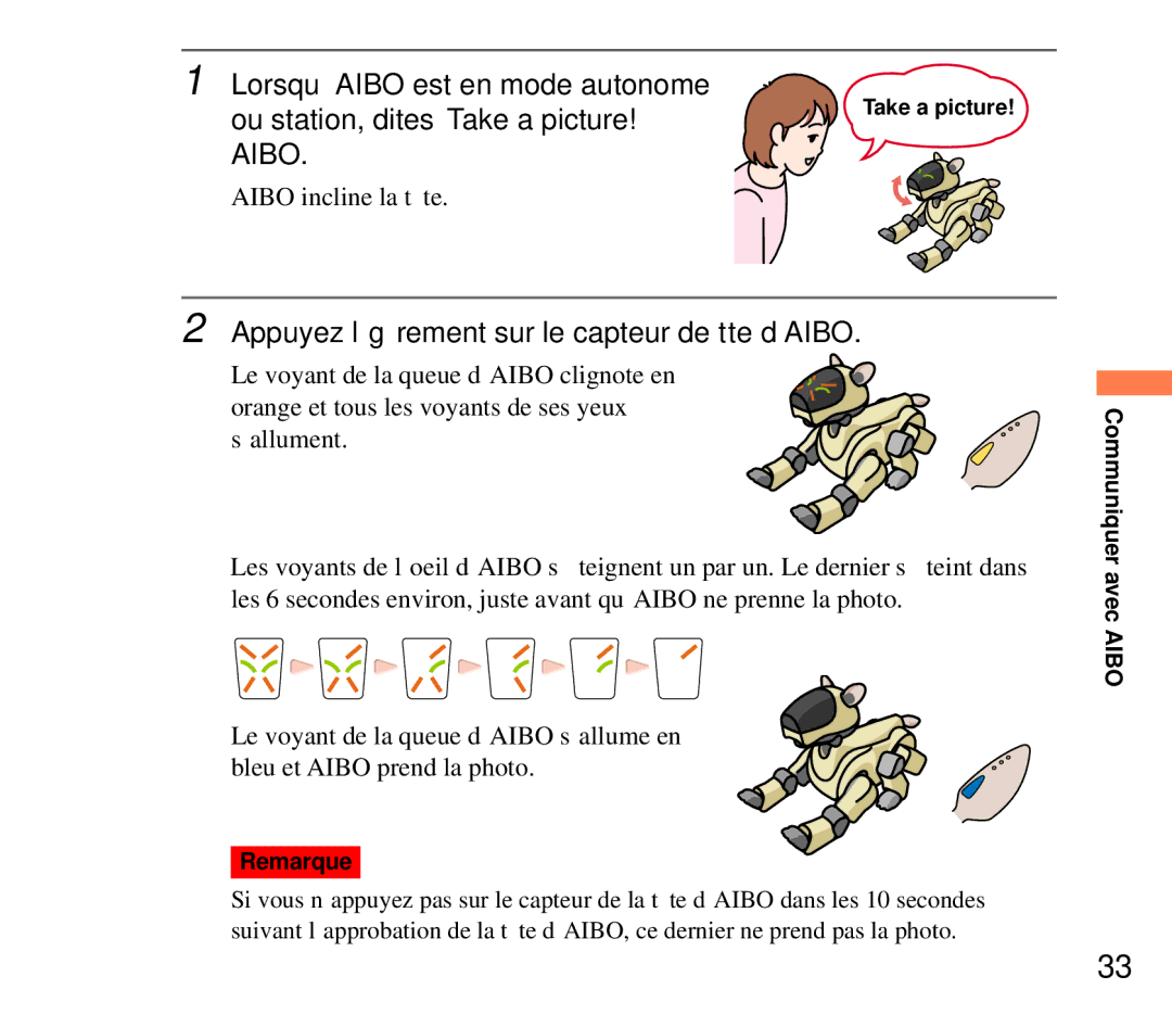 Sony ERF-210AW01 manual Aibo, Appuyez légèrement sur le capteur de tête d’AIBO 