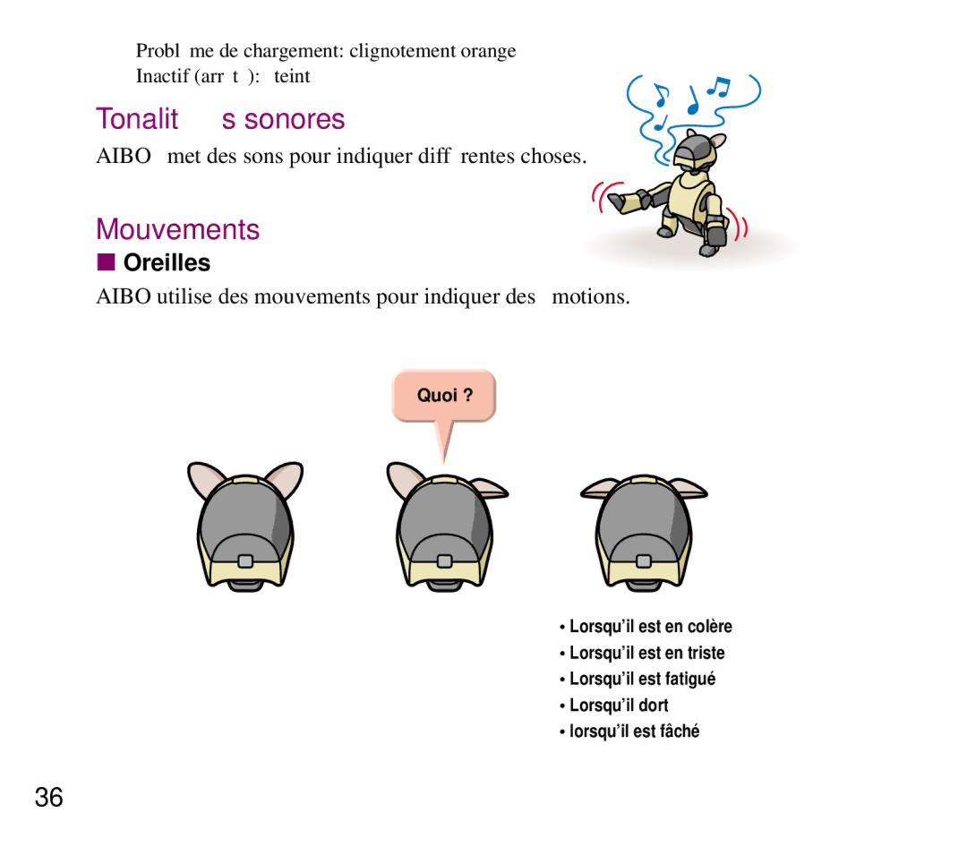 Sony ERF-210AW01 manual Tonalités sonores, Mouvements, Oreilles 