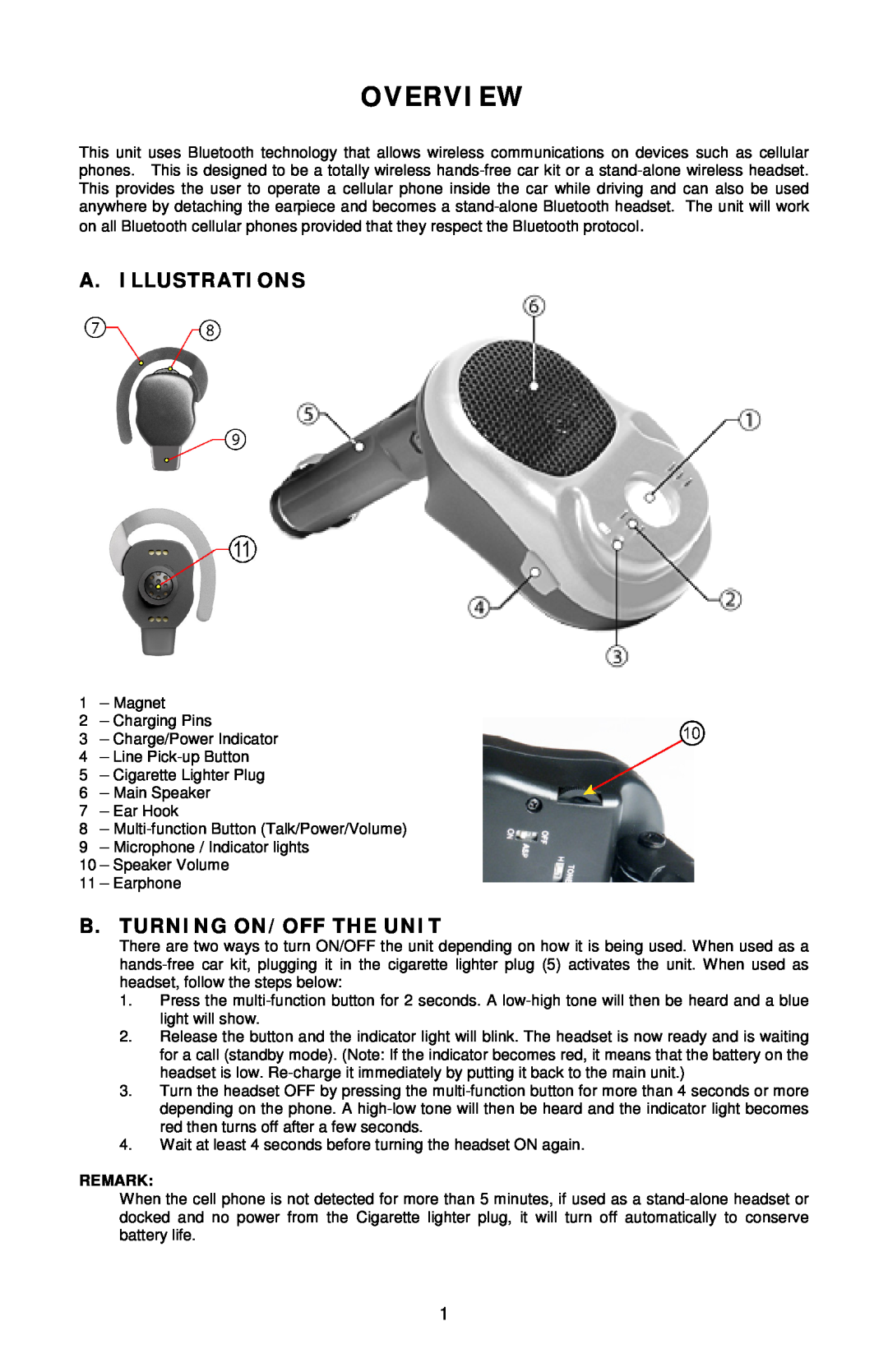 Sony Ericsson Bluetooth Enabled Hands-Free Kit /Headset A. I Llustrati On S, B. Turn I N G On / Off Th E Un I T, Overvi Ew 
