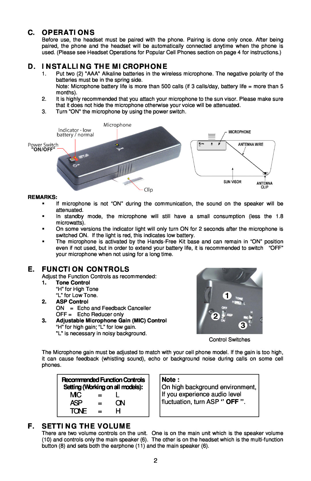 Sony Ericsson Bluetooth Enabled Hands-Free Kit /Headset manual C.Operati On S, D . I N Stalli N G Th E M I Croph On E, Tone 
