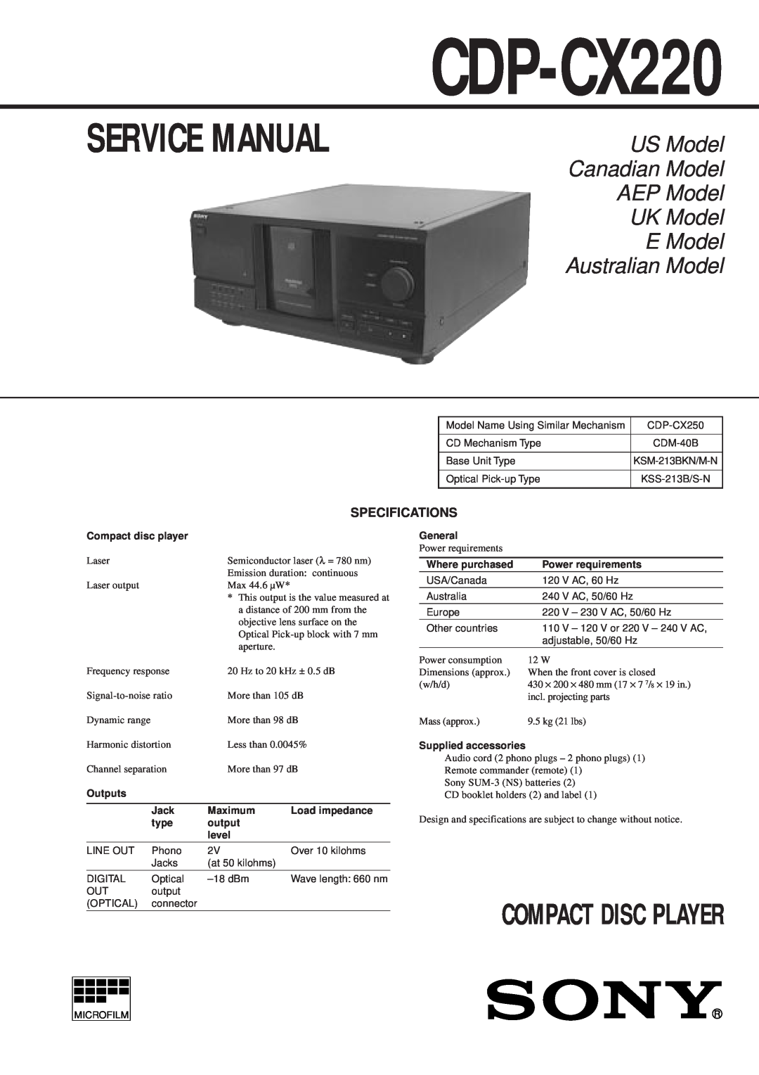 Sony Ericsson CDP-CX220 service manual US Model Canadian Model AEP Model UK Model, E Model Australian Model 