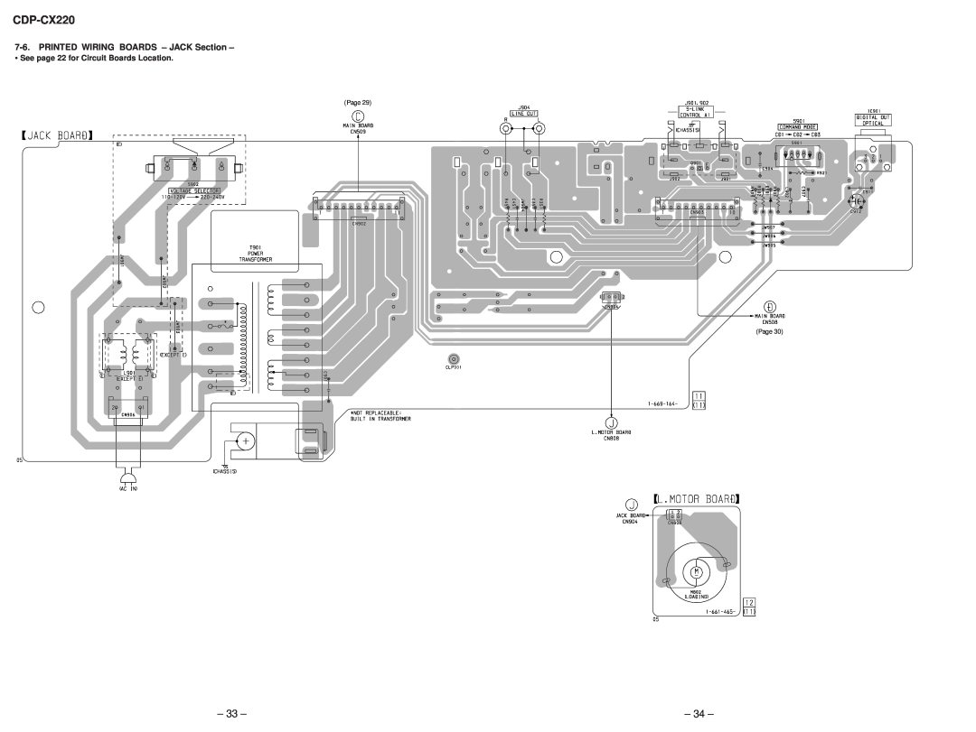 Sony Ericsson CDP-CX220 service manual PRINTED WIRING BOARDS - JACK Section, See page 22 for Circuit Boards Location 