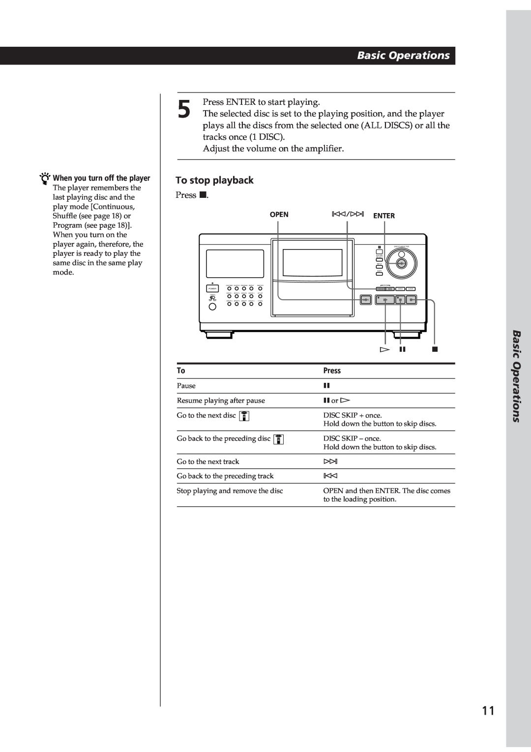 Sony Ericsson CDP-CX270 manual To stop playback, Basic Operations, When you turn off the player, Press, Open, ± Enter 