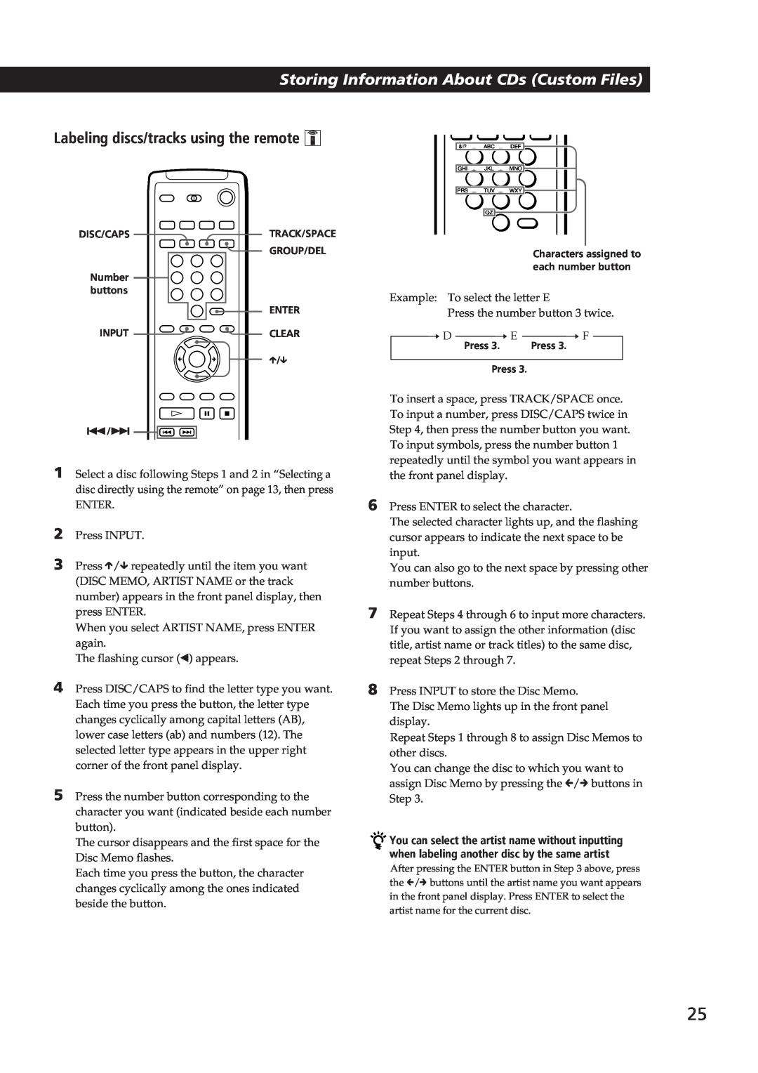 Sony Ericsson CDP-CX270 manual Labeling discs/tracks using the remote Z, Storing Information About CDs Custom Files 