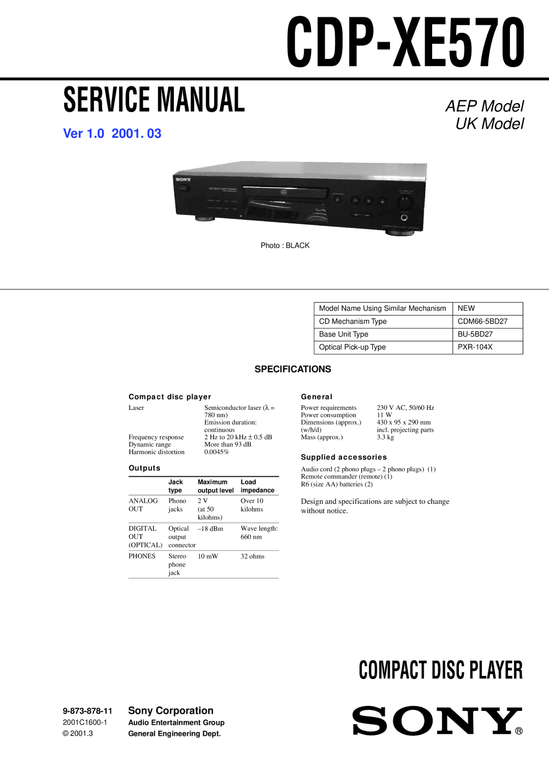 Sony Ericsson CDP-XE570 specifications Specifications 