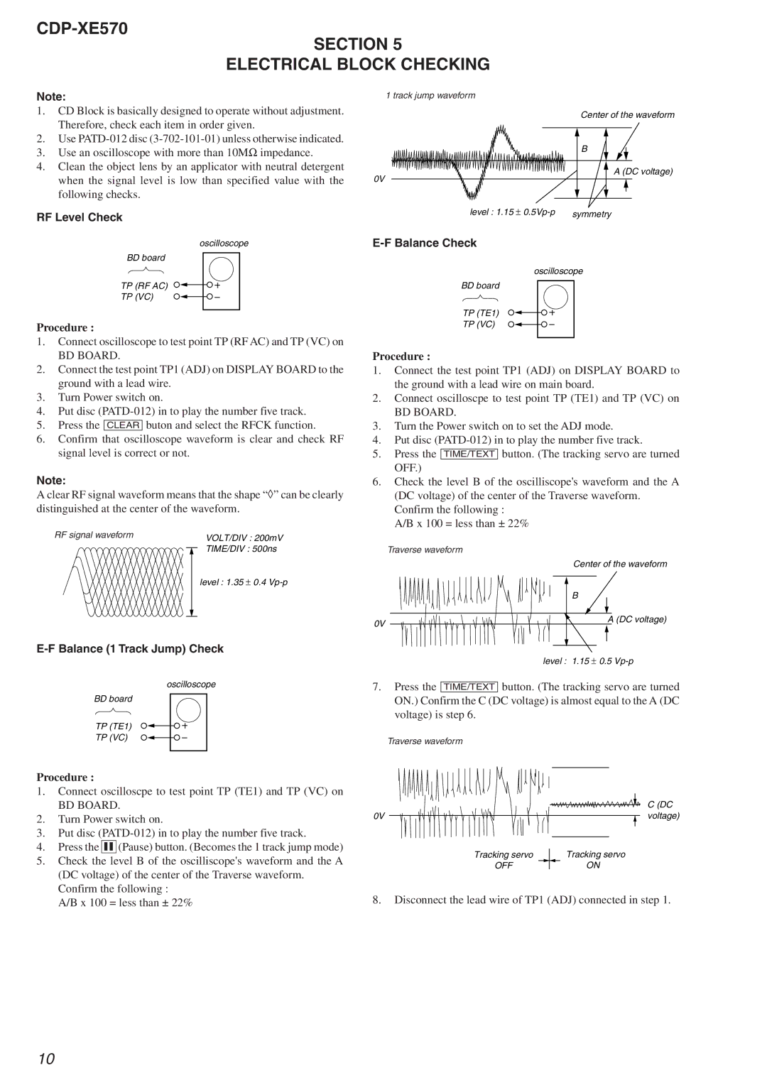 Sony Ericsson CDP-XE570 Section Electrical Block Checking, RF Level Check, Balance 1 Track Jump Check, Balance Check 