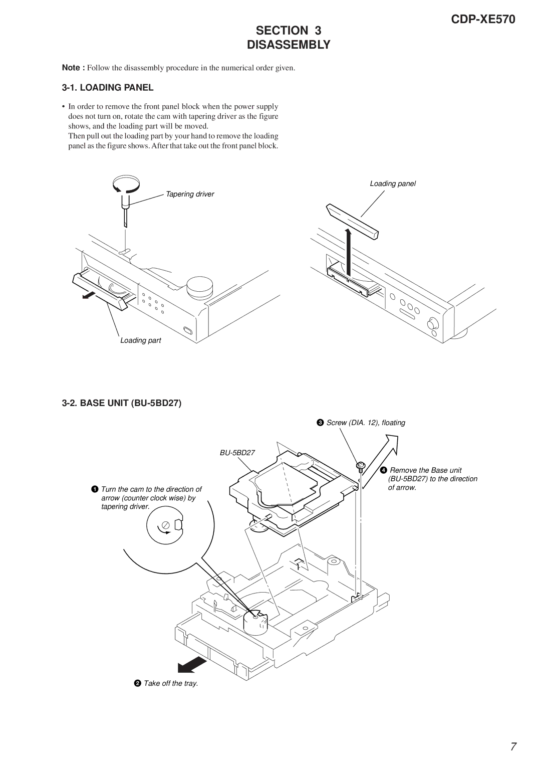 Sony Ericsson specifications CDP-XE570 Section Disassembly, Loading Panel, Base Unit BU-5BD27 