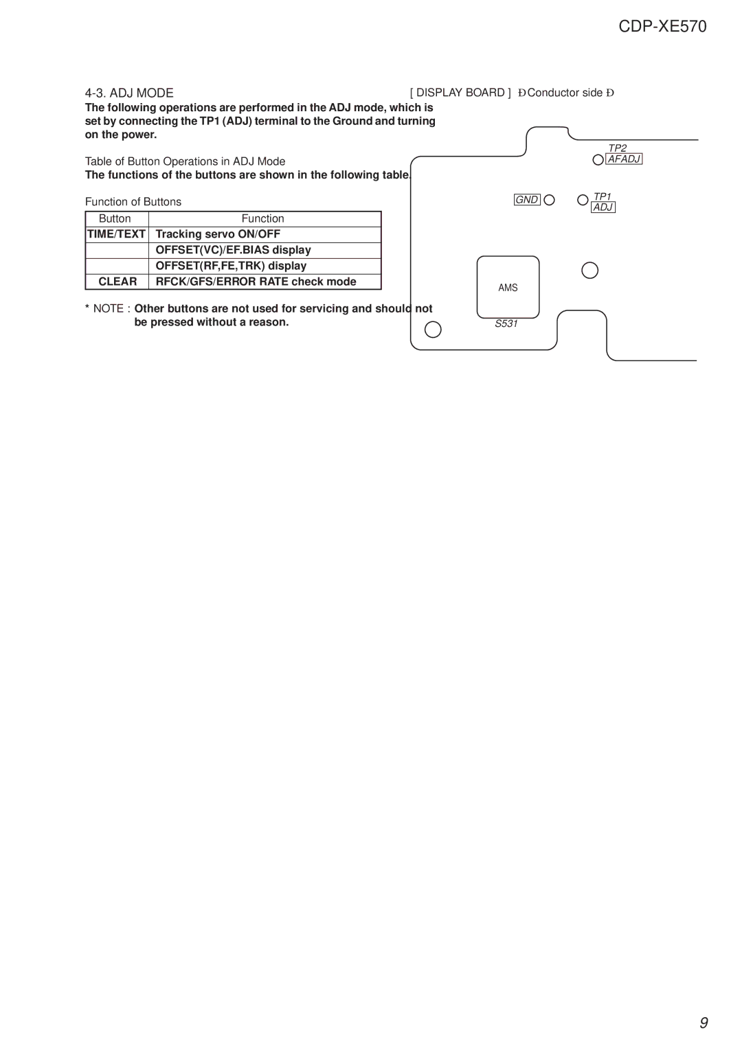 Sony Ericsson CDP-XE570 Table of Button Operations in ADJ Mode, Function of Buttons, Display Board Conductor side 