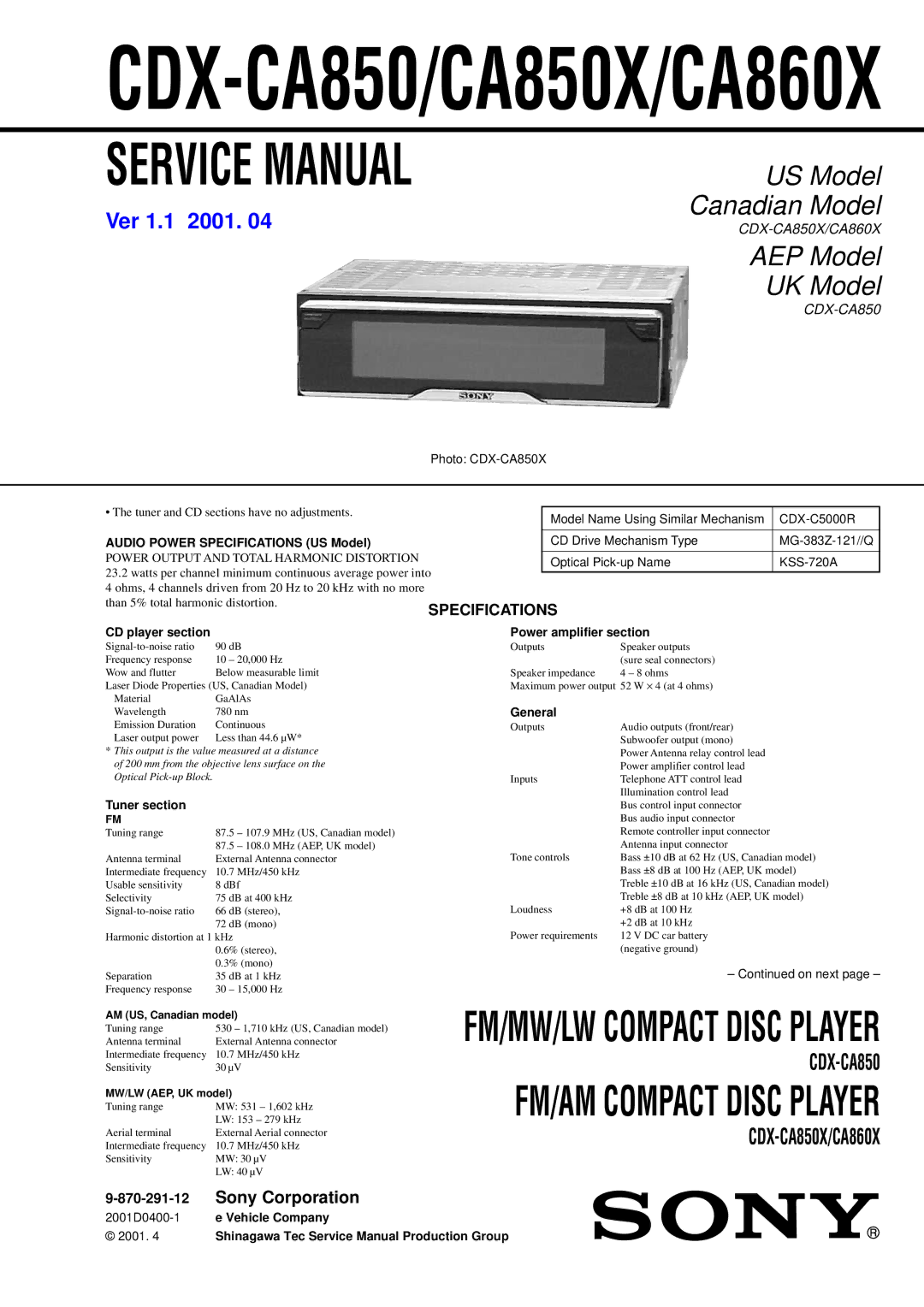 Sony Ericsson CDX-CA860X, CDX-CA850X service manual Specifications 