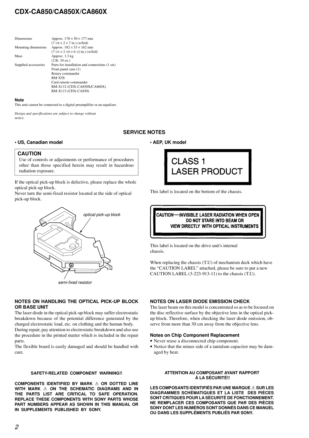 Sony Ericsson CDX-CA850X, CDX-CA860X service manual CDX-CA850/CA850X/CA860X, Service Notes 