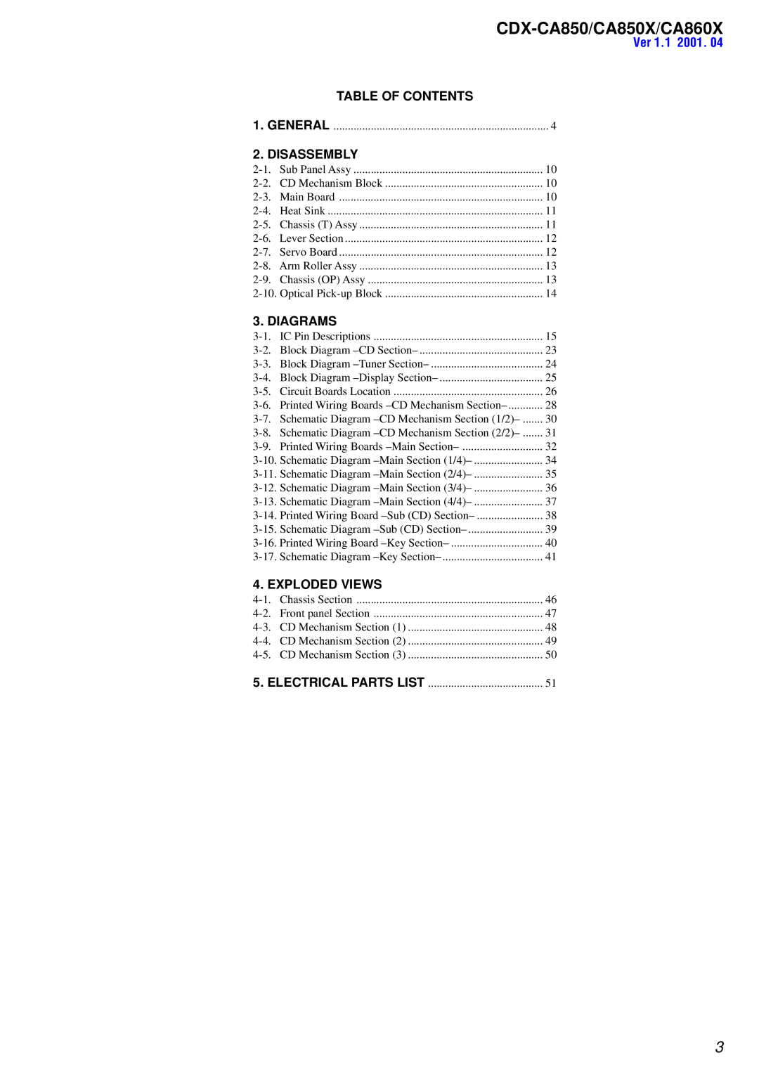 Sony Ericsson CDX-CA860X, CDX-CA850X service manual Table of Contents, Disassembly, Diagrams, Exploded Views 