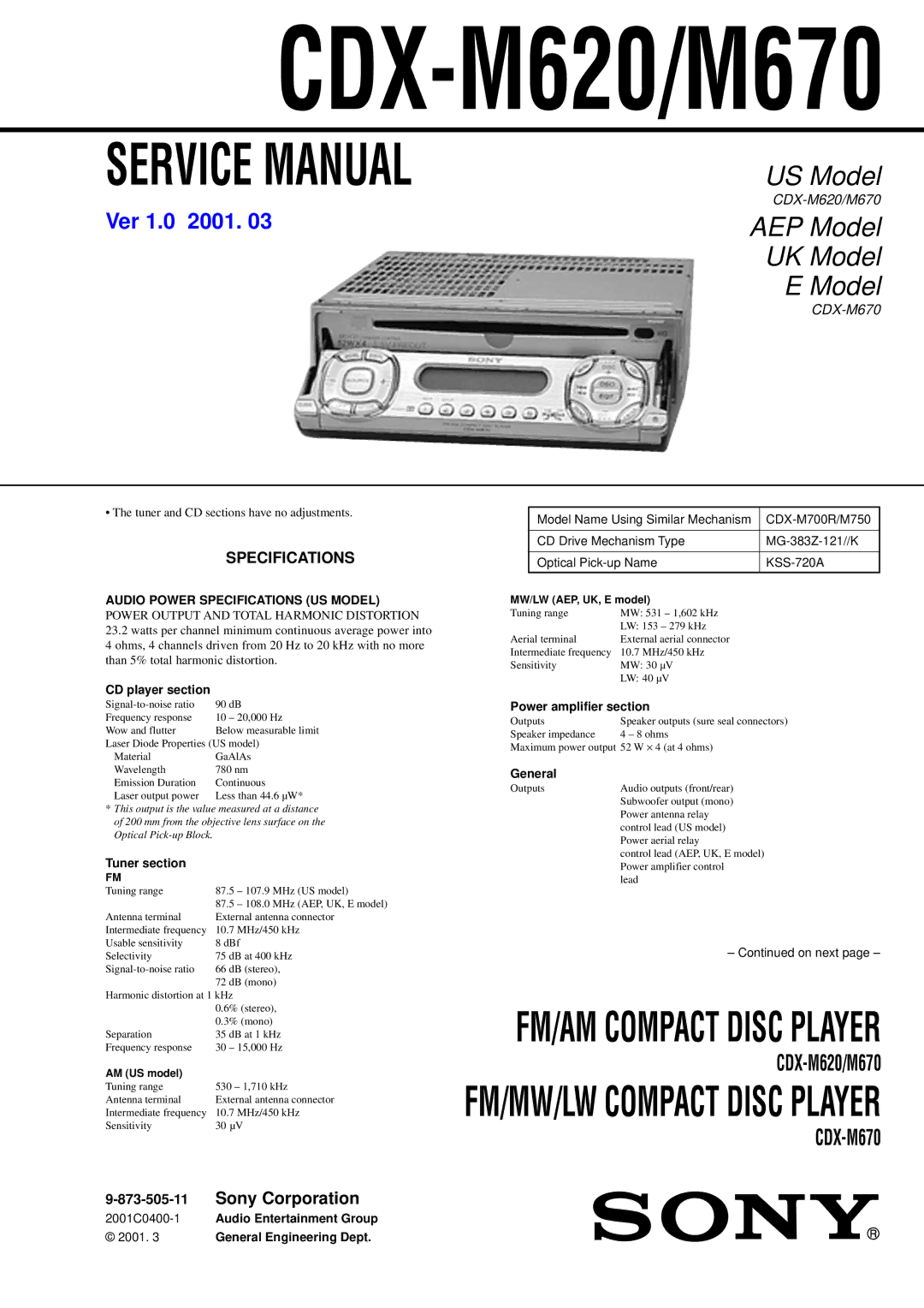 Sony Ericsson service manual CDX-M620/M670, Specifications 