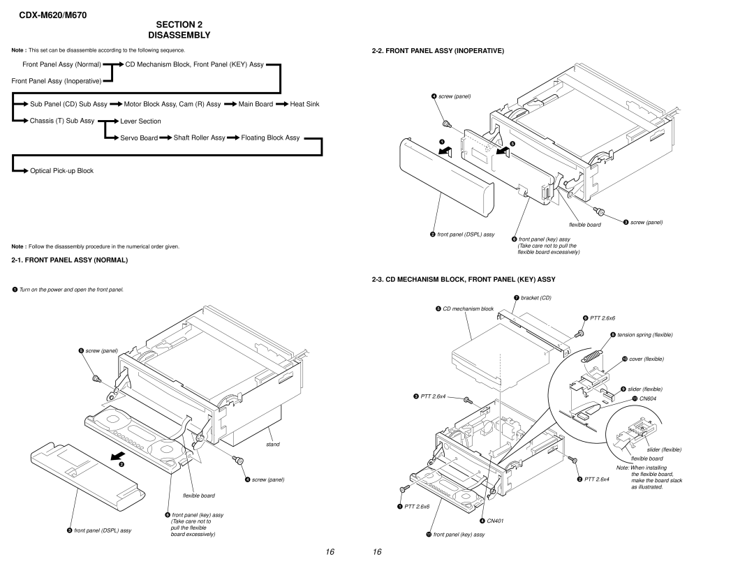 Sony Ericsson CDX-M620 service manual Section Disassembly, Front Panel Assy Inoperative, Front Panel Assy Normal 