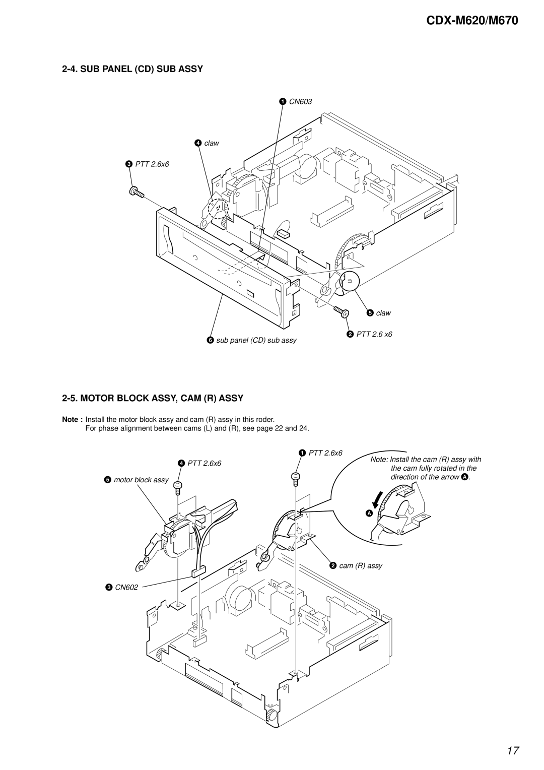 Sony Ericsson CDX-M620 service manual SUB Panel CD SUB Assy, Motor Block ASSY, CAM R Assy 