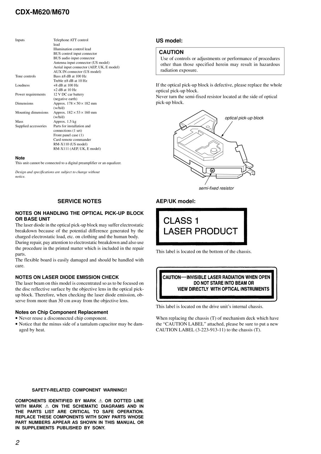 Sony Ericsson CDX-M620 service manual US model, Service Notes, AEP/UK model 