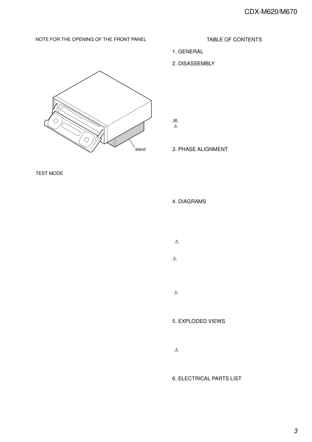 Sony Ericsson CDX-M620 service manual Table of Contents, Disassembly, Phase Alignment, Diagrams, Exploded Views 