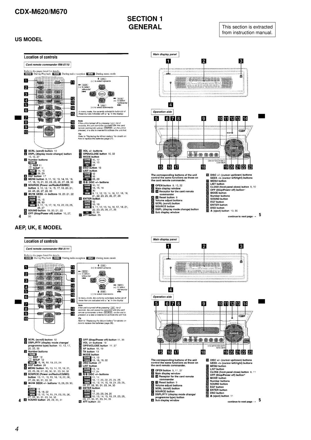 Sony Ericsson CDX-M620 service manual Section General, US Model AEP, UK, E Model 