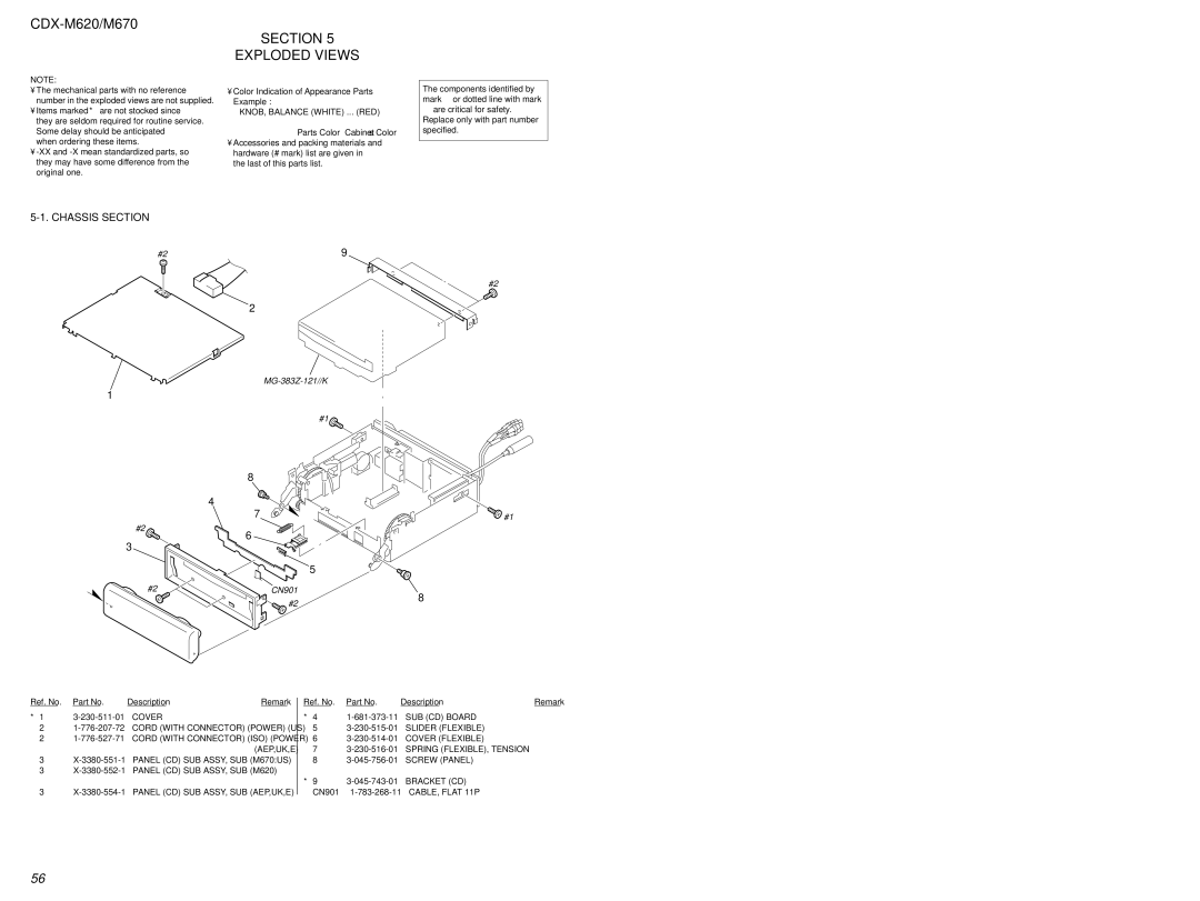 Sony Ericsson CDX-M620 Section Exploded Views, Chassis Section, Cover, SUB CD Board, Spring FLEXIBLE, Tension 