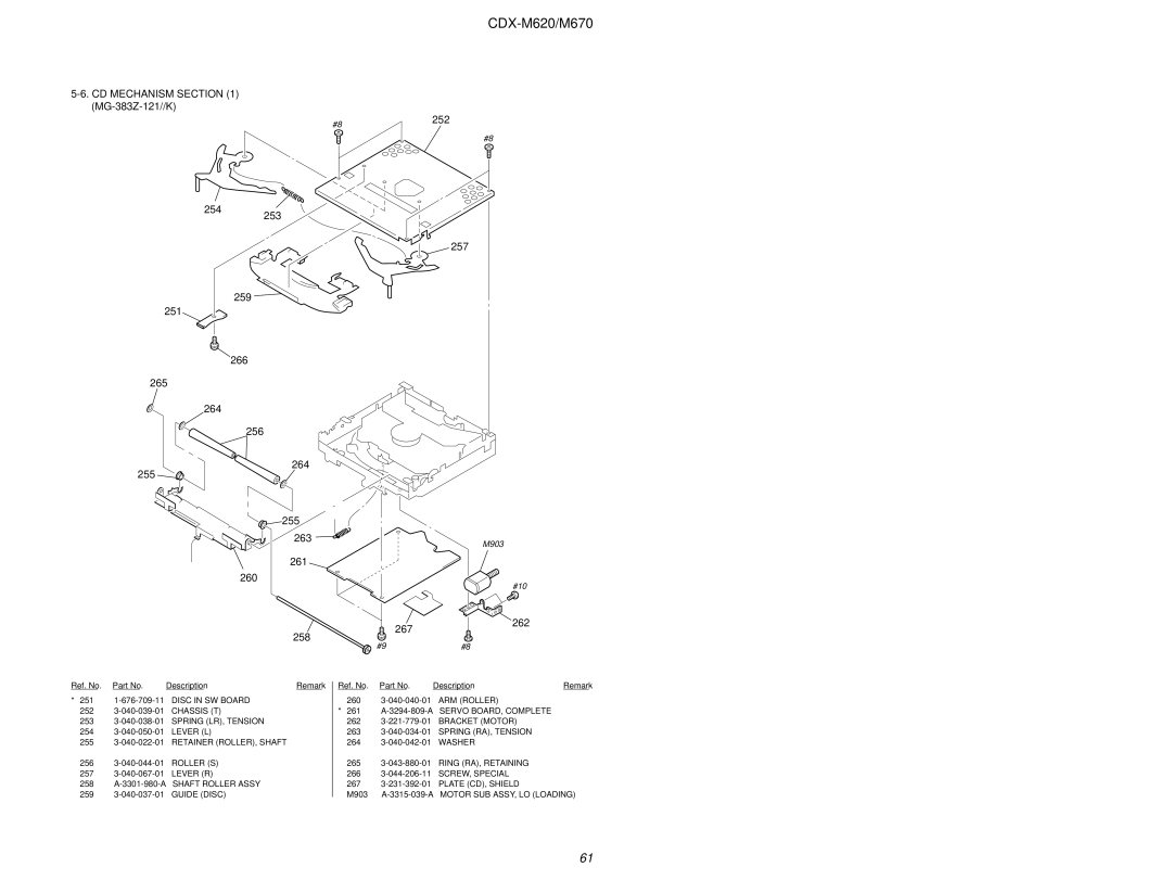 Sony Ericsson CDX-M620 CD Mechanism MG-383Z-121//K 254, 253 257 259 251 266 265 264 256 255 263, 261 260 267 258, 262 