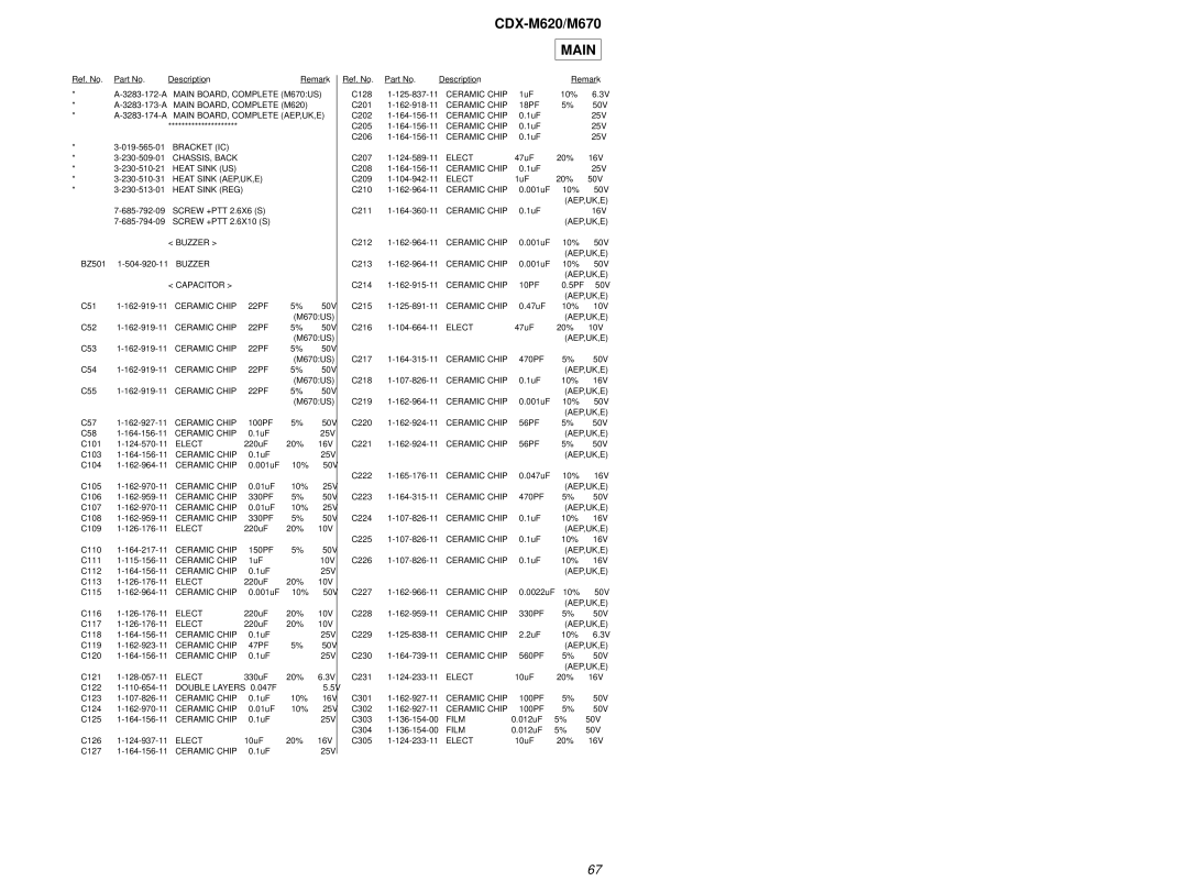 Sony Ericsson CDX-M620 service manual Main BOARD, Complete AEP,UK,E, Buzzer, Elect, Film 