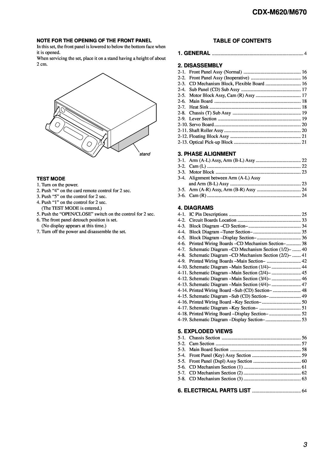 Sony Ericsson service manual Table Of Contents, Disassembly, Phase Alignment, Diagrams, Exploded Views, CDX-M620/M670 