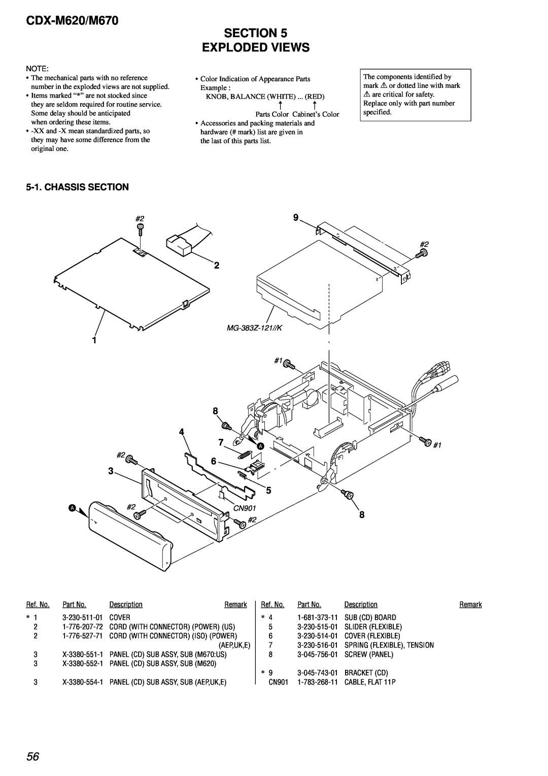 Sony Ericsson service manual Section Exploded Views, Chassis Section, CDX-M620/M670, MG-383Z-121//K, CN901 