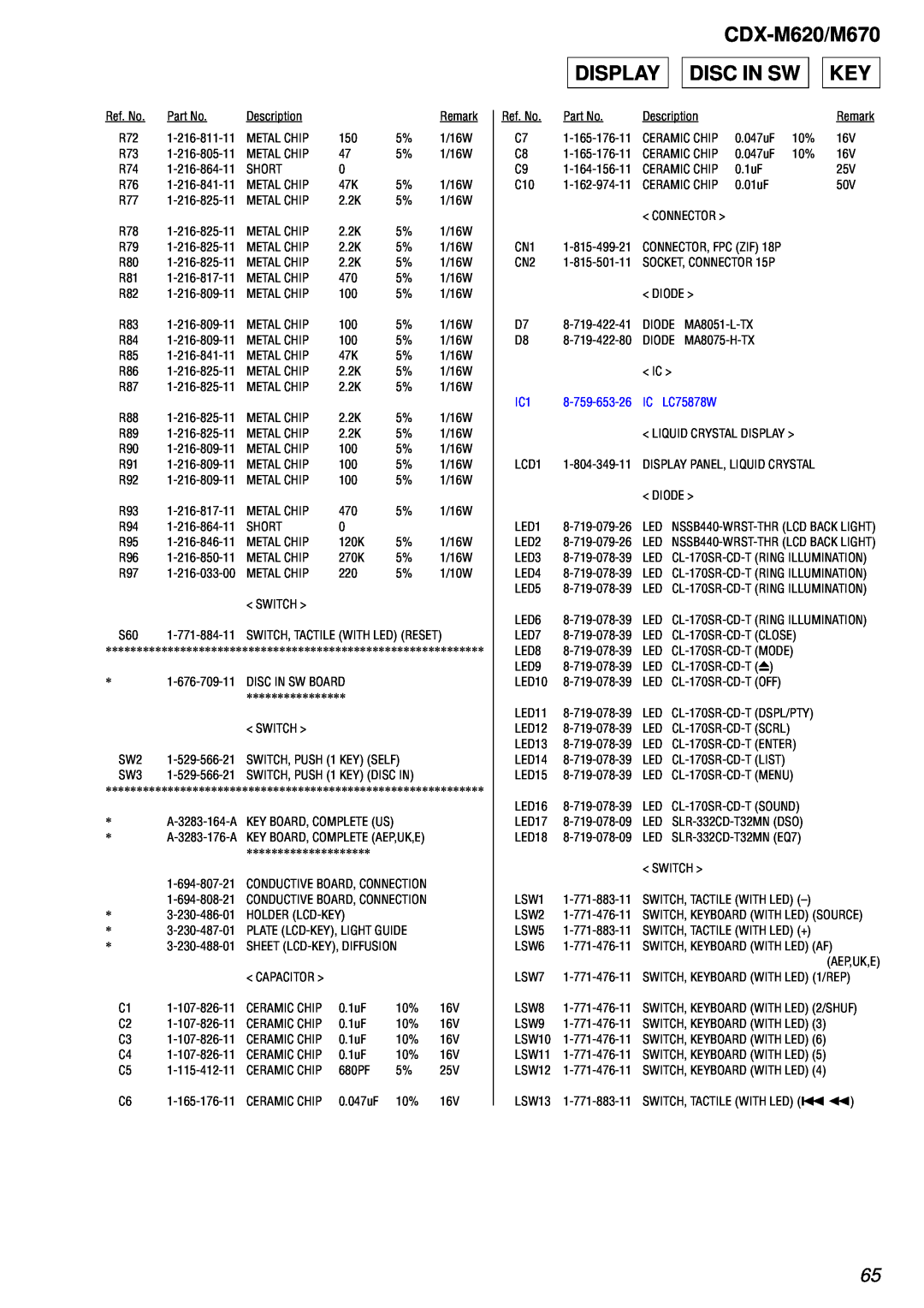 Sony Ericsson service manual CDX-M620/M670 DISPLAY DISC IN SW KEY 